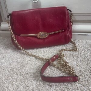 Coach Red Pebble Leather Crossbody Bag with Chain Strap & Turn Lock